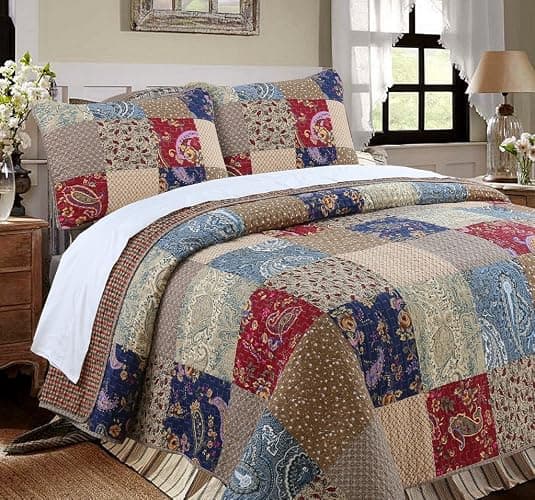 Cozy Line Home Fashions 100% Cotton Hand Piecing Real Patchwork Brown Floral Reversible Quilt Bedding Set Coverlet Bedspread for All Seasons (Red Navy, Queen - 3 Piece) thumbnail 2