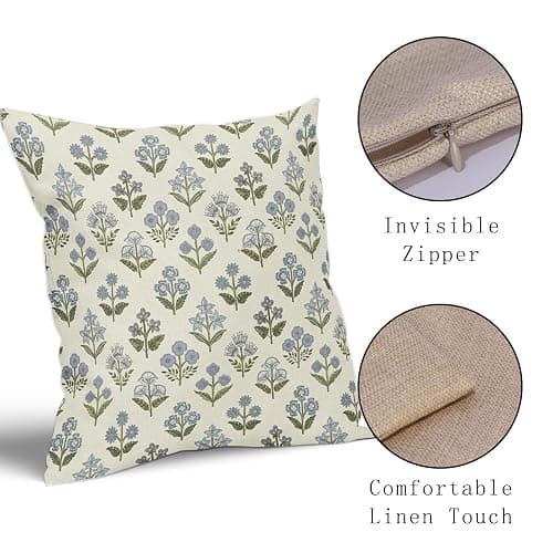 Sivirary Blue Green Block Print Pillow Covers 18x18 Inch Set of 2, Vintage Floral Spring Decorative Throw Pillow Cases Boho Cushion Covers Rustic Decoration Gift Farmhouse Sofa Couch Bed Decor thumbnail 5