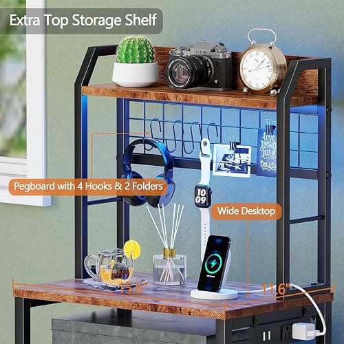 Furologee 44'' Tall Nightstand with Charging Station, Bedside Table with LED Lights, End Table with 3 Drawers and Storage Shelves, Night Stand with Pegboard for Bedroom, Rustic Brown thumbnail 7