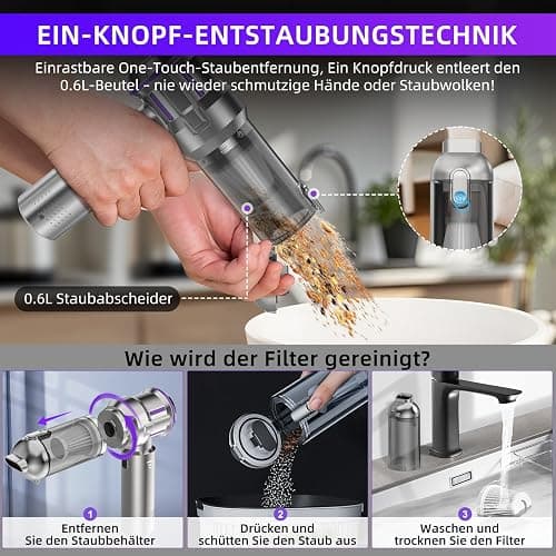 Handstaubsauger, 22000Pa 4-in-1 Handstaubsauger Akku Kabellos mit 1-Knopf-Selbstentleerung, Bürstenloser Motor Mini Staubsauger, 3 Stufen Saugstärke, Auto Staubsauger für Haus/Auto/Tierhaar, Silber thumbnail 3