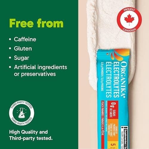 Organika Canadian-Made Electrolytes Powder- Peach Paradise Sachets, On-the-Go Sugar-Free Hydration and Electrolyte Replenishment with Prebiotics and Vitamin C- 3.5g x 20ct thumbnail 4
