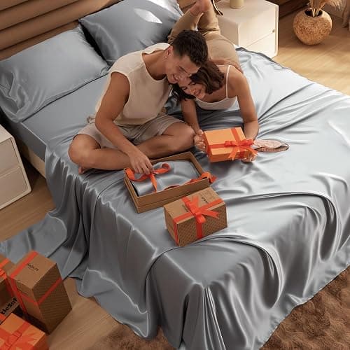 Bedsure Satin Sheets Queen Size - 4 Piece Silky Bedsheets with 15 Inches Deep Pocket Fitted Bedsheet,1 Flat Sheet, 2 Satin Pillowcases, Good for Hair & Skin (Queen, Silver Grey) thumbnail 9
