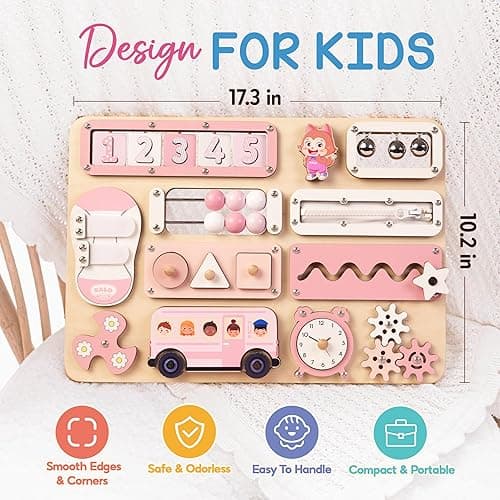 Kalotoys Large Busy Board Montessori Toys for 1 2 3 Year Old - Sensory Toys for Toddlers 1-3 - Fine Motor Skills & Early Learning - Montessori Gift for Boys & Girls - Travel-Friendly & Safe (Green) - Pastel Girl thumbnail 6