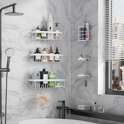 Veken 6-Pack Rustproof and Waterproof Shower Caddy,Adhesive Shelves Rack with Soap Holder, Large Capacity Bathroom Organizers and Storage, No Drilling Wall-Mounted Kitchen & Home Decor, Bath Decor - D. White - 6-Piece Set thumbnail 4
