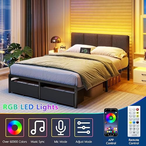 Furnulem Full Size Bed Frame with Headboard, Upholstered Full Bed Frame with LED Light, USB Charging Station, Platform Bedframe with 2 Fabric Underbed Storage Drawers, No Spring Box Needed thumbnail 4