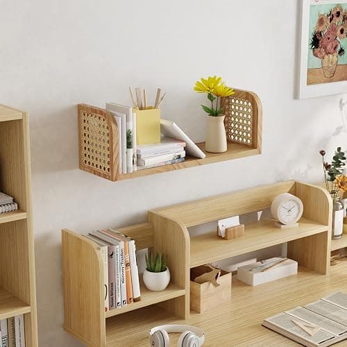 YEMNMFH Rattan Wall Shelf, Hanging Book Shelves for Wall, Decorative Shelves for Natural Nursery Decor, Picture Ledge Shelves, Floating Rattan Shelf for Office, Bedroom, Bathroom thumbnail 2