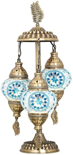 DEMMEX 3-Globe Turkish Moroccan Mosaic Table Lamp, 21" Handmade Bedside Night Light with Colorful Mosaic Glass Globes & Antique Brass Finish Metal Base (SkyBlue&White) thumbnail 2