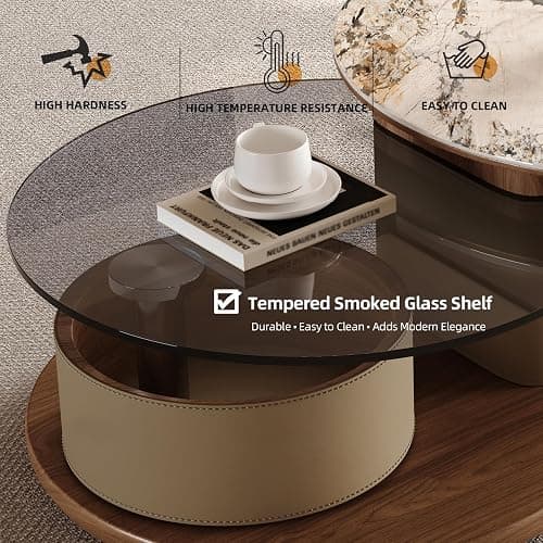 Round Coffee Table for Living Room, Modern Marble Top Expandable Coffee Table with Hidden Storage, No Assembly Required Center Table, Rolling Living Room Tables (Walnut & Marble) thumbnail 3