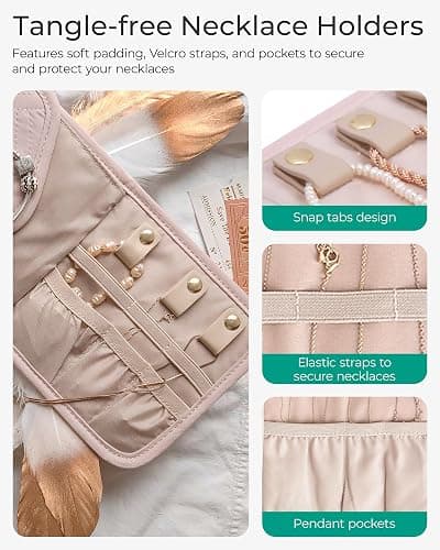 BAGSMART Travel Jewelry Organizer Case Foldable Small Jewelry Roll for Journey Rings, Necklaces, Earrings, Bracelets,Mini,Soft Pink thumbnail 5