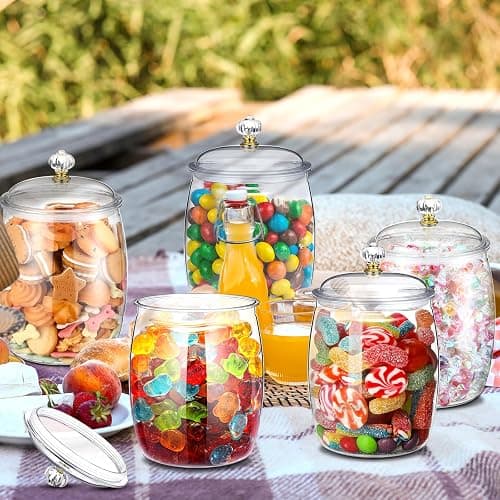 Nuogo 6 Pcs Plastic Candy and Cookie Jar with Lids Decorative Apothecary Jars Candy Buffet Containers Clear Airtight Food Storage Canister Home Decoration(64 oz,Classic) thumbnail 2