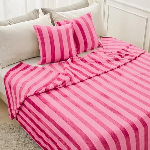 FY FIBER HOUSE Striped Flannel King Blanket - Soft Cozy Striped Blanket for Couch, Sofa, or Bed - 90"x108", Hot Pink, All Season Use thumbnail 4