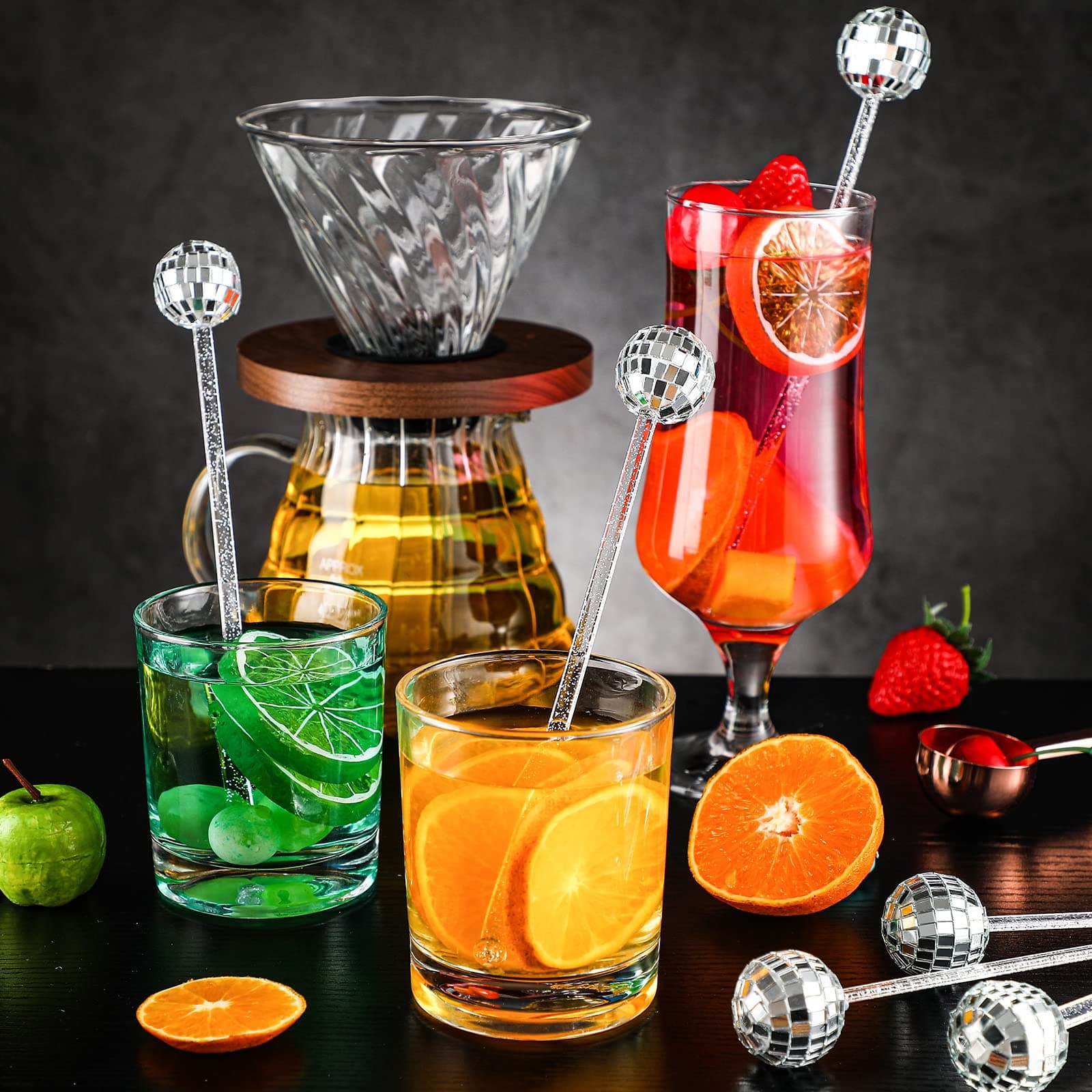 Sawysine 24 Pcs Disco Balls Cocktail Stirrers Plastic Round Top Swizzle Sticks Cake Pops Mirror Ball Coffee Beverage Stirrers for Home Bar Coffee Shop Use (Silver) - Silver thumbnail 2