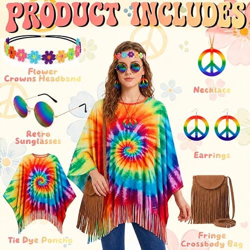 APHBPT 6PCS Hippie Costume for Women - 60s 70s Outfits Tie Dye Poncho with Accessories Set, Hippy Clothes for Halloween thumbnail 2