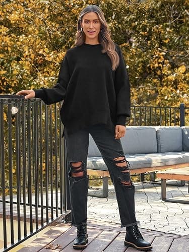 LILLUSORY Women's Oversized Batwing Sweaters 2025 Fall Outfits Trendy Crewneck Knit Side Slit Fashion Pullover Tops thumbnail 6