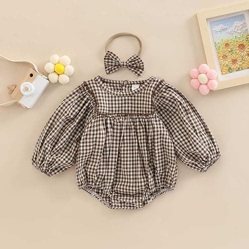 Douhoow Infant Baby Girl Plaid Romper Baby Sweatshirt Romper Ruffle Festival Clothes Fall Winter Outfits with Headband thumbnail 2