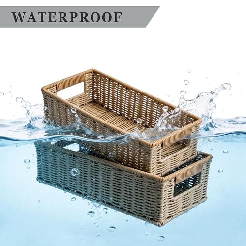 Rectangular Toilet Paper Baskets, 16 ¼"L x 6 ¾"W x 4 ½"H Nesting Plastic Wicker Basket with Built-in Handles, Woven Long Narrow Baskets for Pantry Bathroom Toilet Tank Top Countertop, 2 Pack thumbnail 7