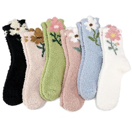 scenicamp 6 Pairs Floral Fuzzy Socks for Women Cute Cozy Plush Sleep Slipper Socks Warm Winter Sock for Christmas Birthday Gift - Image 1