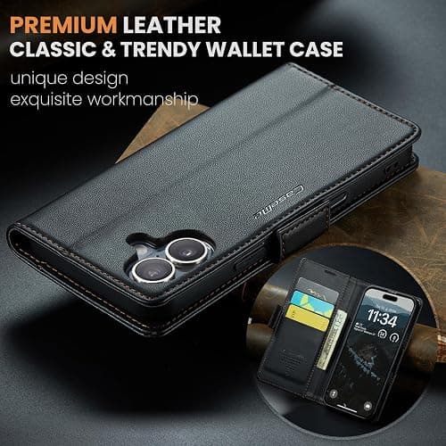 Rerzoiro for iPhone 16 Case 6.1 Inch, Premium PU Leather Wallet Case Flip Cover with [RFID Blocking][Card Holder][Stand Function] Shockproof Protective for iPhone 16, Black thumbnail 7
