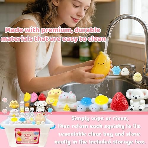 SUISUILE 24 Pack Squishy Toys Kit, Ultra-Soft Squishies with Keychain & Storage Box, Sticky Squishy Sensory Squeeze Toys, Include Hamster, Strawberry, Chick Squishies for Stress Relief Party Favors thumbnail 5
