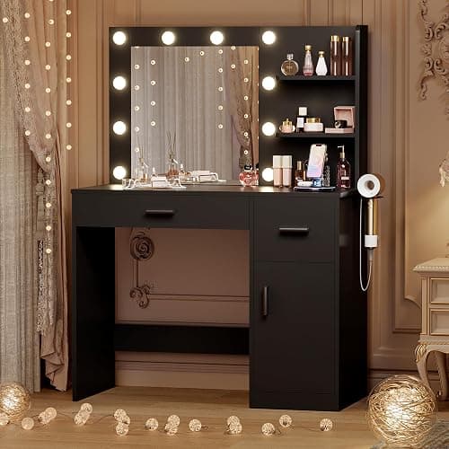 JUMMICO 35.4" Vanity Desk with LED Mirror & Power Outlet, Makeup Vanity Table with 3 Open Storage Shelves, Drawers and Cabinet, 3 Model Adjustable Lights for Bedroom & Dressing Room (Black) thumbnail 3
