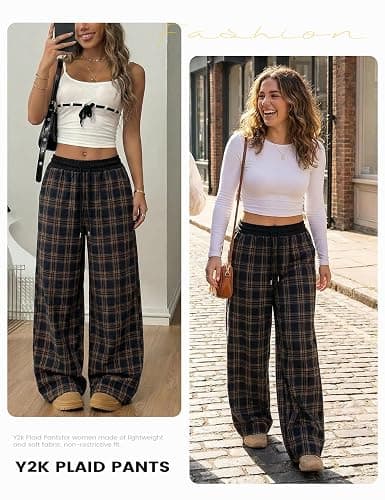Wyeysyt Women Plaid Pants Gingham Pajama Pants Baggy Sweatpants | Wide Leg Pants, Elastic Drawstring Sweatpants, Fall Winter Casual Pants thumbnail 7