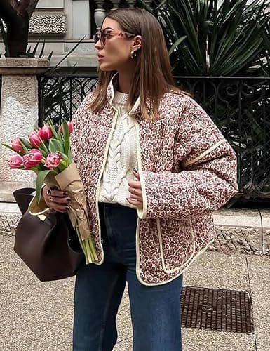 Wyeysyt Women's Cropped Puffer Jacket Lightweight Floral Print Long Sleeve Padded Quilted Puffy Cardigan Coat thumbnail 3