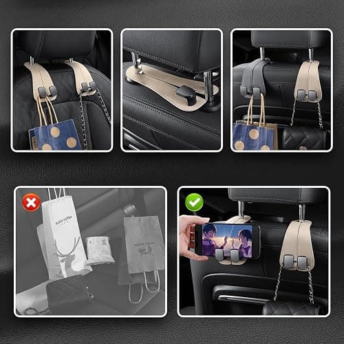 2 Pack KAFANLIN Car Headrest Hooks for Purses and Bags Cute Leather Car Seat Back Head Rest Double Hooks for Bags Cute Pink Beige Car Accessories Headrest Back Seat Handbags Hook (Beige 2 Pack) thumbnail 8