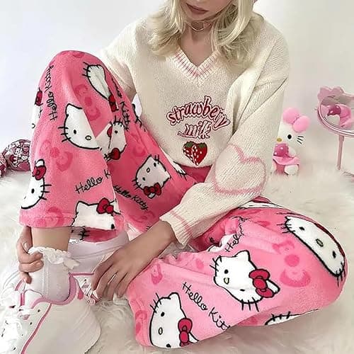 BIUGNVW Anime Pajamas Pants Women Cartoon Family Christmas Pajama Pants Kawaii Flannel Pajama Pants Black and Pink thumbnail 2