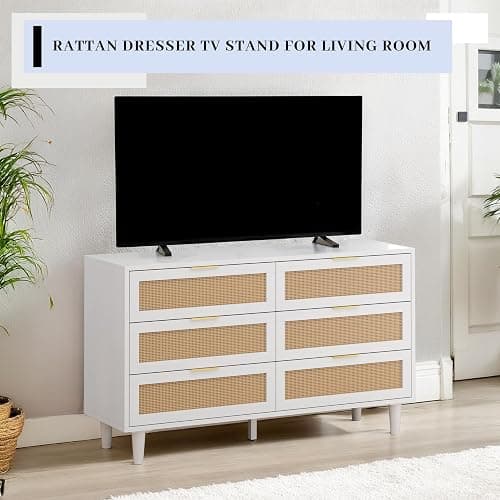 NTYUNRR 51.18" Rattan Dresser for Bedroom, Mid Century 6 Drawer Dressers, Wooden Dresser Chest of Drawers, White Modern Closet Boho Dressers Storage Cabinet, for Living Room Hallway Entryway, M thumbnail 8