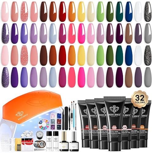 Modelones 133pcs Poly Extension Gel Nail Kit, 32 Colors All Seasons Poly Gel kit with Nail Lamp Slip Solution Builder Thickening Manicure Tools for Starter Salon DIY - Image 1