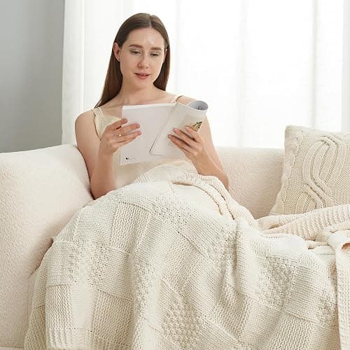 Amélie Home Checkered Chenille Knit Throw Blanket for Couch, Classic Texture Decorative Soft Blanket for Sofa, Chair & Bedroom, 50"x60", Ivory thumbnail 4