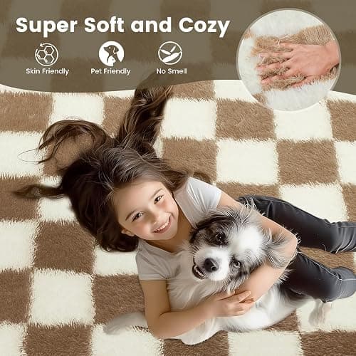 Ecoshag Soft Rugs for Living Room, 2x6 Ft Beige and White Checkered Fluffy Shaggy Rugs for Indoor Use, High Pile Ultra Fuzzy Rug for Bedroom Kids Nursery Rooms,Home Decor Aesthetic thumbnail 6