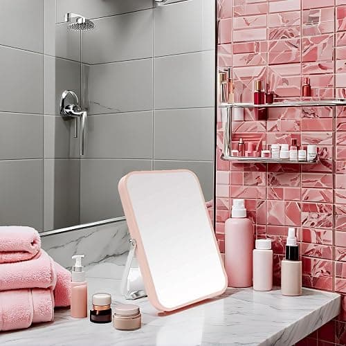 YEAKE Table Desk Vanity Makeup Mirror,8-Inch Portable Folding Mirror with Metal Stand 90°Adjustable Rotation Tavel Make Up Mirror Hanging Bathroom for Shower Shaving(Pink) thumbnail 3