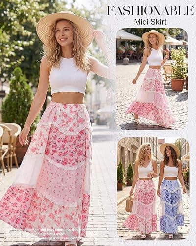 Cutecrop Women Patchwork Floral Maxi Skirt 2026 Summer Boho Flowy Long Skirt Casual Vacation Elastic Waist Tiered Ruffle Lace thumbnail 6