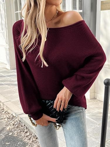 Mokayee Womens Long Sleeve Fall Sexy Casual Off The Shoulder Loose Fit Batwing Asymmetrical Pullover Sweater thumbnail 6
