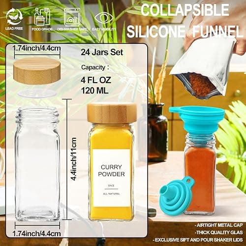 Glass Spice Jars with 398 Labels, 24 pcs 4oz Spice Containers with Bamboo Lids, Square Spice Bottles With Shaker Lids,Spice Organization for Cabinet,Drawer,Rack,Seasoning Organizer thumbnail 2