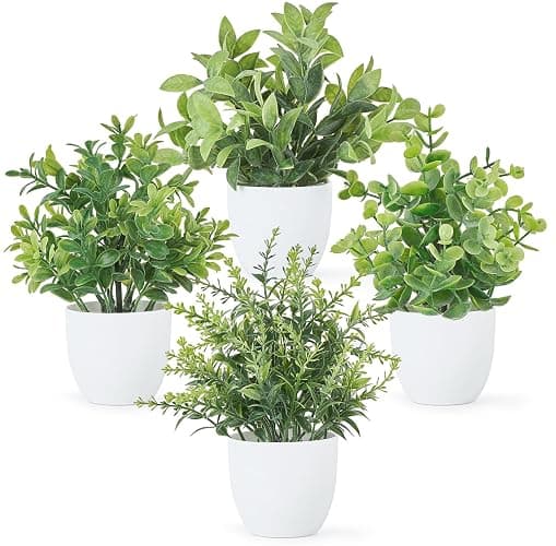 Mkono 4 Packs Fake Plants Small Artificial Potted Plant Home Decor Indoor | White, Realistic Look, Mini Size Decorative Plants for Shelf Bathroom Counter Bedroom Office Desk Table Living Room Kitchen - Image 1