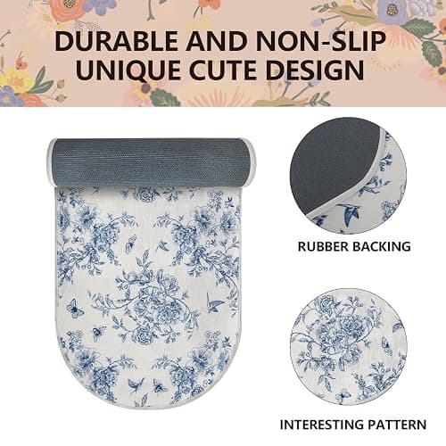 Blue Floral Chinoiserie Bath Mats for Bathroom Blue and White Flower Vintage Rug for Room Decor (31x20inch, Flower and Birds) thumbnail 3