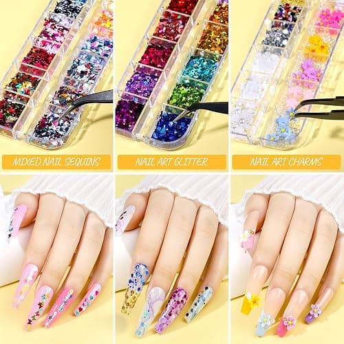 Teenitor Press On Nail Kit - Clear Coffin Nail Tips, Art Brushes, Dotting Pen, Glitter, Stickers & Rhinestones thumbnail 5