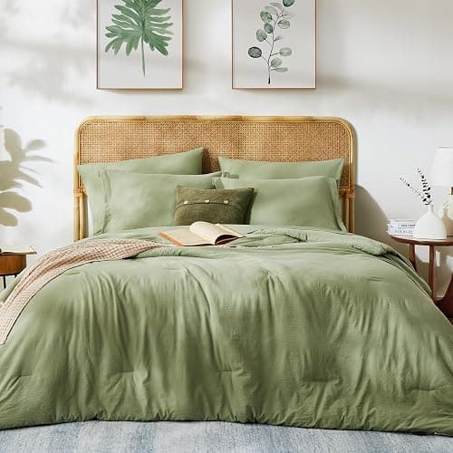 WRENSONGE Queen Comforter Set - 7 Pieces Sage Green Soft Bed in a Bag Queen with Fitted Sheet, Flat Sheet, 2 Pillow Shams, and 2 Pillowcases- Queen Bedding Sets for All Season thumbnail 3