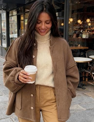 Faleave Women's Oversized Button Down Jacket Lantern Long Sleeve Coat Fall Winter Mock Neck Casual Outerwear with Pockets thumbnail 5