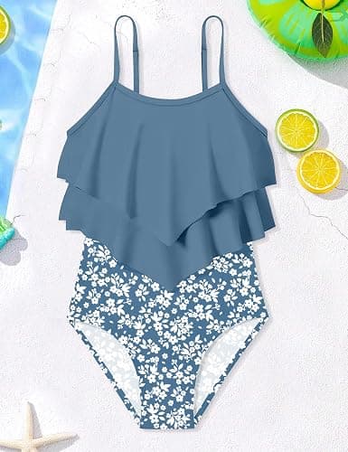 Tomolant Girls Swimsuit Color Block One Piece Swimsuit 2-Tiered Ruffle Bathing Suit Adjustable Strap Girls' Swimwear 7-16Y thumbnail 8