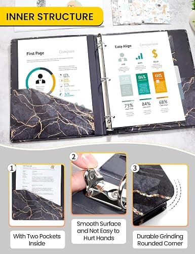SUNEE 3 Ring Binder, 1 Inch, Cute Binder with 2 Pockets, Decorative Black Marble Heavy Duty (Fit 8.5x11 Inches) for School & Office thumbnail 3