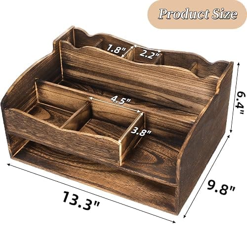 Covzoe Wood Desk Organizer with File Organizer, Vintage Pen Pencil Holder with 9 Compartments, Rustic Makeup Storage Display Case Countertop, Art Supplies Organizers for Home Office thumbnail 3