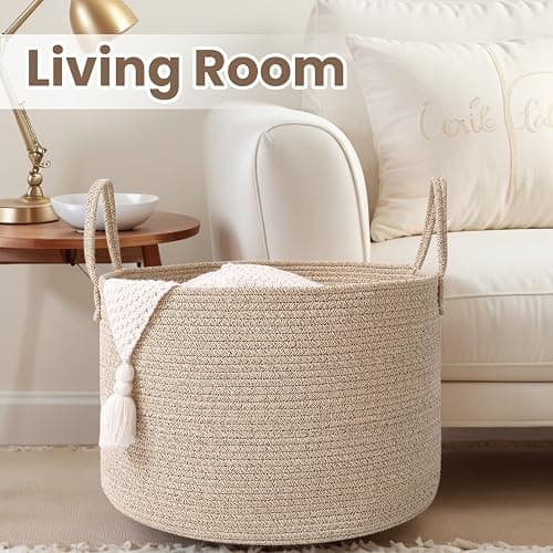 JMvicyroam Woven Blanket Basket,65L Large Rope Storage Bin with Handles, Organizer for Blankets Toys Book and Clothes, Laundry Basket for Living Room Bedroom Nursery,Oatmeal thumbnail 6