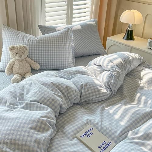 mixinni Gingham Comforter Set Twin XL Size - 3 Piece Light Blue Plaid Farmhouse Bedding, Soft Washed Cotton All-Season Comforter & Pillow Shams, Grid Pattern Classic Style for Boys Girls thumbnail 3