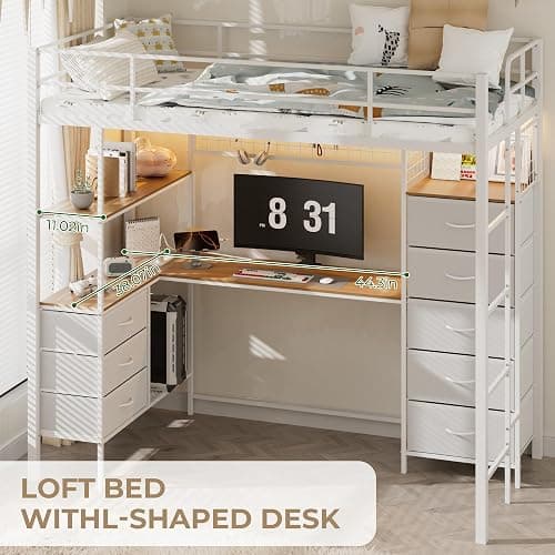 SAHISTCT Twin Size Loft Bed with Desk, LED Lights, Charging Station, Industrial Loft Bed Frame with 3 Storage Shelves and 8 Fabric Drawers, Safety Guard & Ladder,LED Metal Twin Size Bunk Bed (White) thumbnail 6