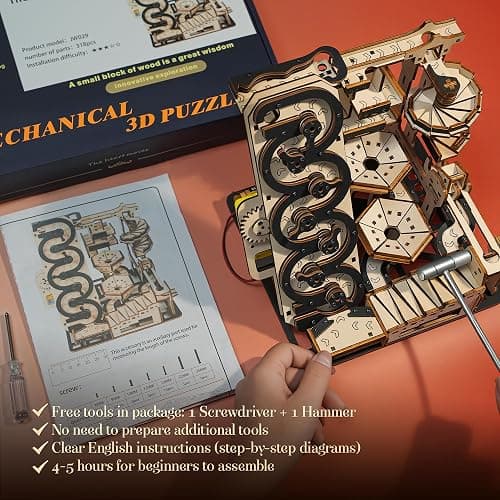 3D Motorized Wooden Puzzle - Mechanical Steel Ball Run Building Kit for Adults & Teens | DIY Engineering Brain Teaser with Electric Track | Kinetic Art Home Decor Gift​ thumbnail 6