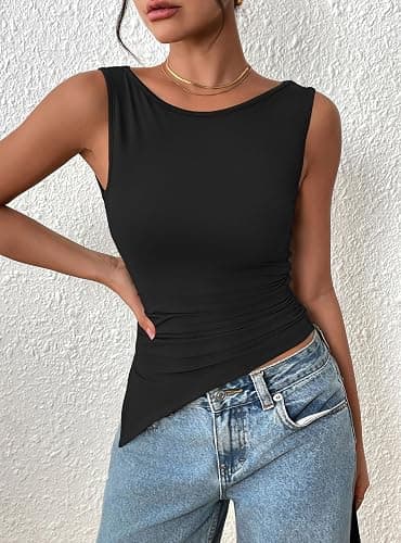 PRETTYGARDEN Womens Ruched Tank Tops 2026 Summer Sleeveless Slim Fit T Shirts Blouses Going Out Y2K Fashion Clothes thumbnail 3