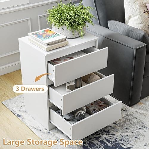 White Nightstand with 3 Drawers,Modern Tall Bedside Table with Storage for Bedroom,End Side Table with No-Handle Design for Living Room thumbnail 5